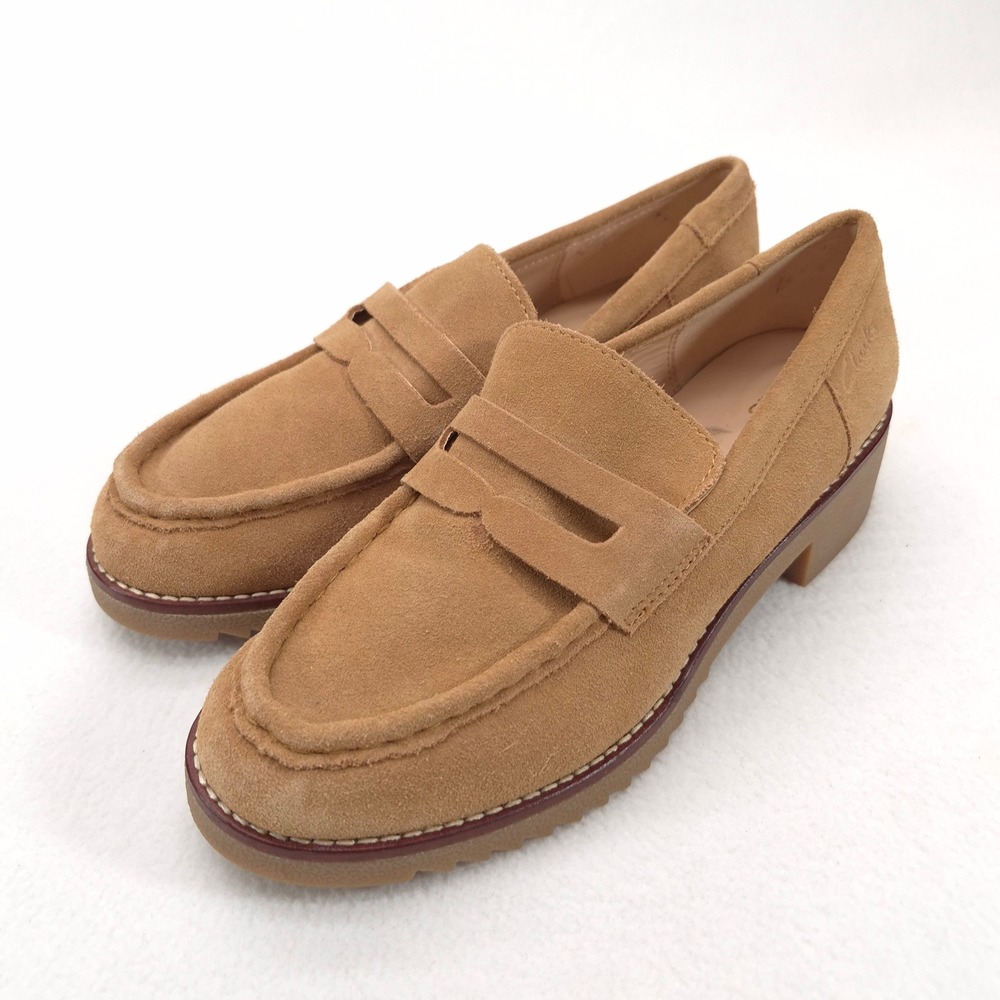 Clarks Orianna W Suede Penny Loafers Tan 8.5 Preppy Academic Chunky Platform Lug - Picture 10 of 11